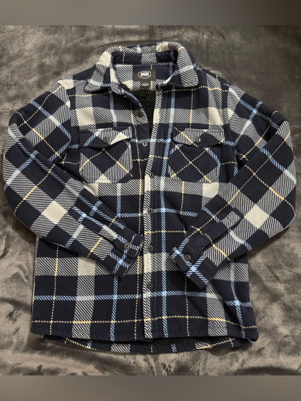 Men's Plaid Sherpa-Lined Jacket - Navy, White & Light Blue